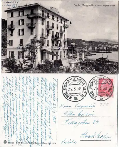 Italien 1938, Santa Margherita Hotel Regina Elena, sw-AK m. Bahnpost Stpl.