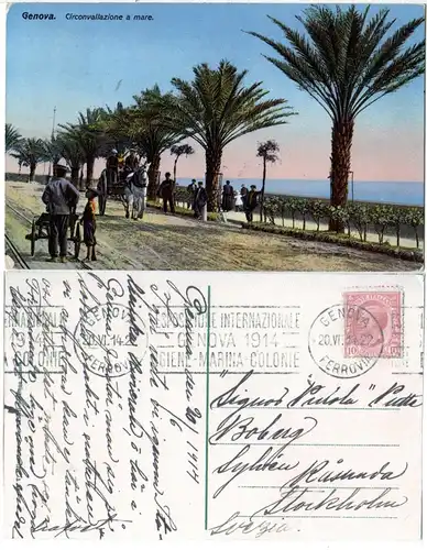 Italien 1914, Genova Farb-AK m.  10 C. u. Maschinen Stpl. Esposizione Int. 1914
