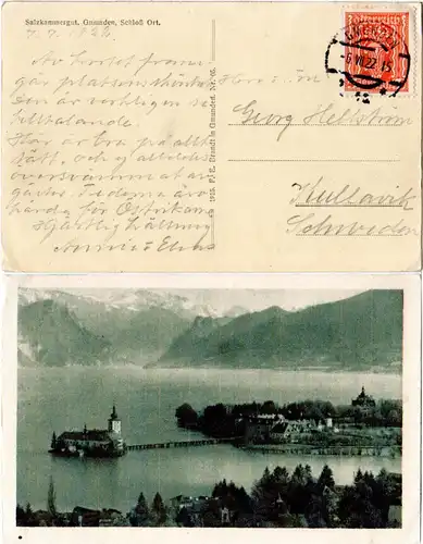 Österreich 1922, EF 45 Kr. portorichtig auf sw-AK v. Gmunden n. Schweden.