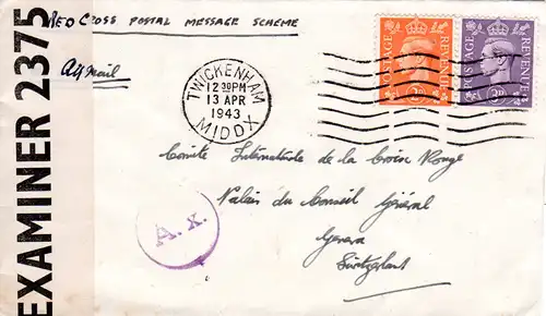 Zensur WK II, GB Brief i.d. Schweiz m. Paris A.x. Durchlaufzensur (Riemer X-32)