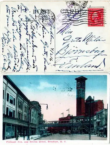 USA, New York Flatbush Ave. and Nevins St. m. Autos u. Trambahn, 1916 gebr. AK