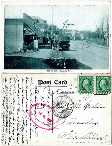 USA, HASKELL N.J. Main St. m. Auto u. Personen, 1916 n. Finnland gebr. sw-AK