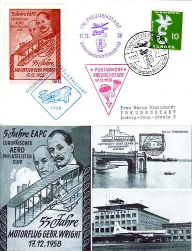 BRD 1958, 10 Pf. auf EAPC Fallschirmpost Flug Karte v. Freudenstadt