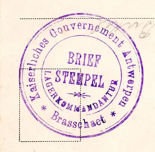 Belgien 1917, Karte v. Antwerpen m. Briefstempel Lagerkommandatur Brasschaet