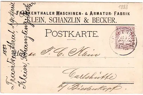 Bayern 1883, 5 Pf. auf Firmenkarte v. Frankenthal n. Carlshütte