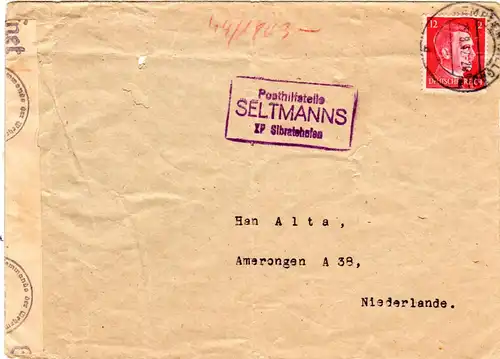 DR 1942, Posthilfstelle SELTMANNS Sibratshofen auf Zensur Brief v. Kempten n. NL