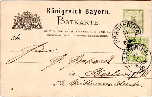 Bayern 1886, 3 Pf. Zusatzfr. auf 3 Pf. Ganzsache m. K1 FRANKENTHAL n. Berlin