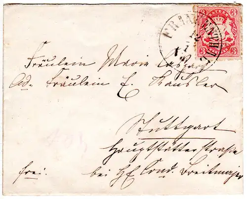 Bayern, 3 Kr. auf kl. Brief m. K1 FRANKENTHAL n. Stuttgart, Württemberg
