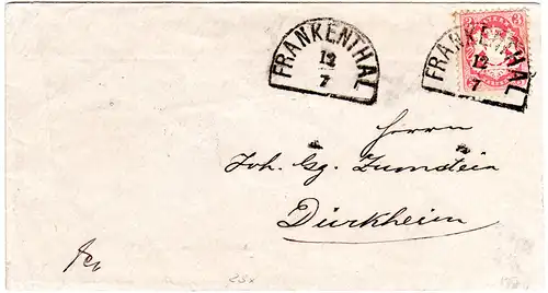 Bayern, 3 Kr. auf  Brief m. klarem HKS FRANKENTHAL n. Dürckheim