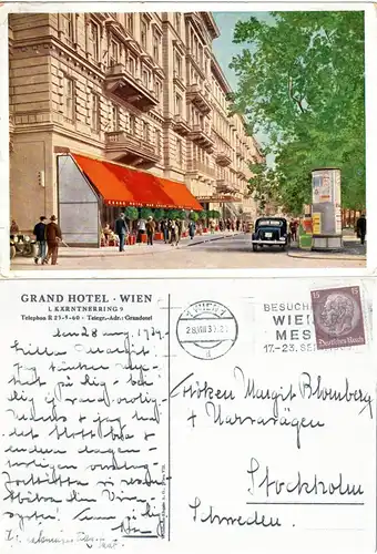 Österreich, Grand Hotel Wien, 1939 gebr. Farb-AK n. Schweden