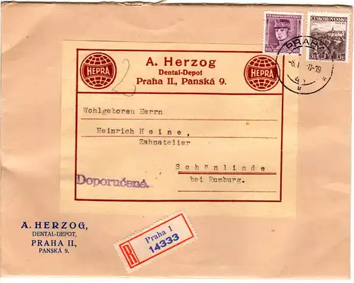 Tschechoslowakei 1934, 60 H.+3 Kr. auf Einschreiben Brief v. Prag