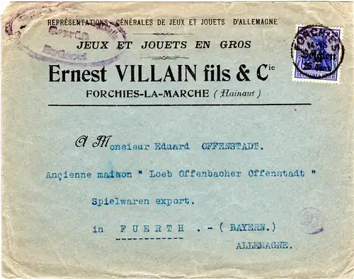 Belgien 1915, 25 C./20 Pf. auf Firmen Brief v. Forchies-La-Marche n. Bayern.