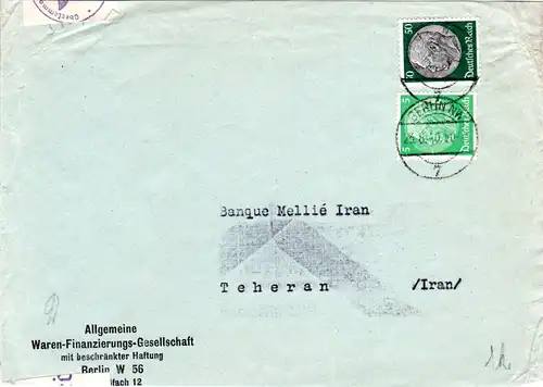 DR 1940, 5+50 Pf. auf Firmen Zensur Brief v. Berlin n. Persien. 