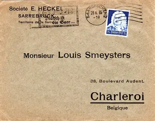 DR 1935, EF 25 Pf. Händel portorichtig auf Brief v. Saarbrücken n. Belgien