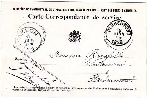 Belgien 1888, offizielle Dienst Postkarte v. Arlon n. Herbeumont. Portofreiheit!