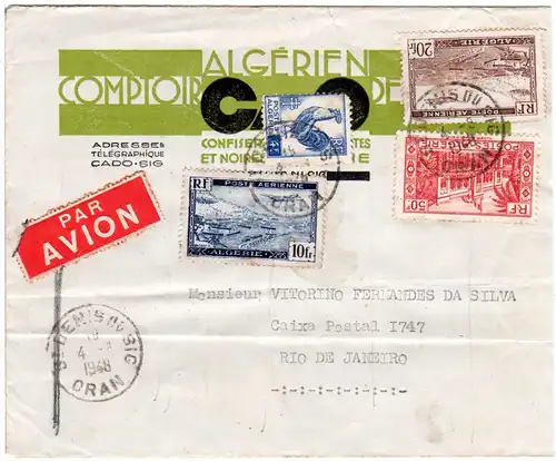 Algerien 1948, 4 Marken auf Luftpost Brief nach Brasilien.