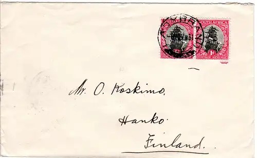 Südafrika 1931, Paar 1d Suid-/South Africa auf Brief v. Ladybrand n. Finnland.