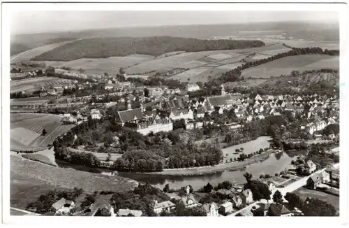 Donauwörth, Luftbild m. Bahnhoststr. u.unbebautem Schellenberg, 1954 gebr. sw-AK