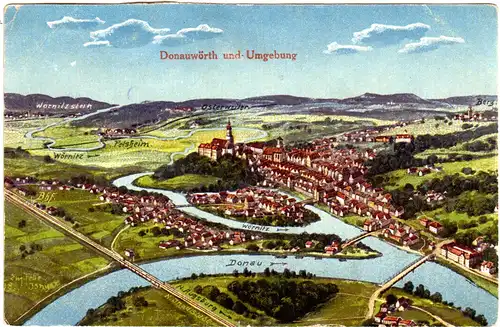 Donauwörth m. Felsheim, Osterweiler, Berg, 1929 gebr. Vogelschau-AK