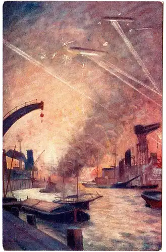 Zeppelin Luftangriff auf London Hafen, ungebr. Farb-AK