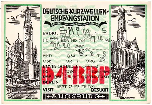 Augsburg Kurzwellen Empfangsstation, 1933 gebr. Radio-Funk Karte 