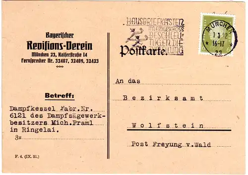 DR 1932, Karte d. Bayr. Revisions Vereins v. München n. Wolfstein Post Freyung