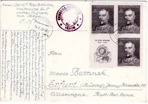 Tschechoslowakei 1948, 1,50 Kr. Dr. Scheiner, 4er-Block inkl. Zierfeld auf Karte