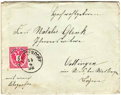 Österreich 1888, 5 Kr. auf Brief m. klarem Niederösterreich-K1 KRITZENDORF