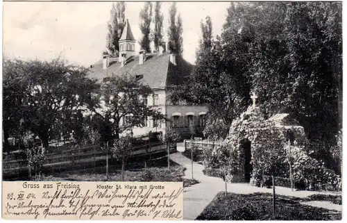 Gruss aus Freising m. Kloster u.Grotte, 1904 gebr. sw-AK