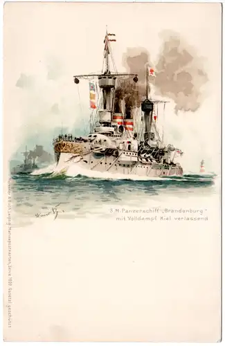 SMS Panzerschiff Brandenburg Kiel verlassend, ungebr. Litho-AK