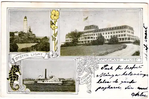 USA, Boston, Steamer Lincoln, Lighthouse and Rockland House, 1904 gebr. Farb-AK