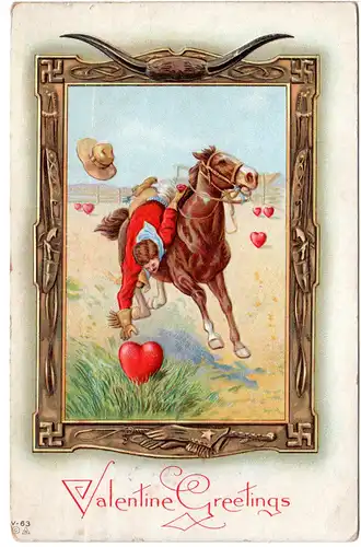 Valentine Greetings mit Pferd u. Reiter, 1914 gebr. Präge-Farb-AK