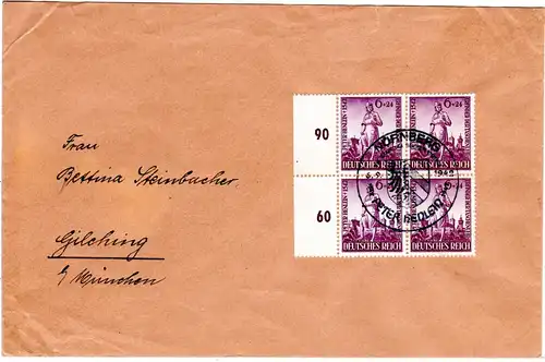 DR 1942, MeF 4er-Block 6+12 Pf. Henlein portorichtig auf Brief v. Nürnberg