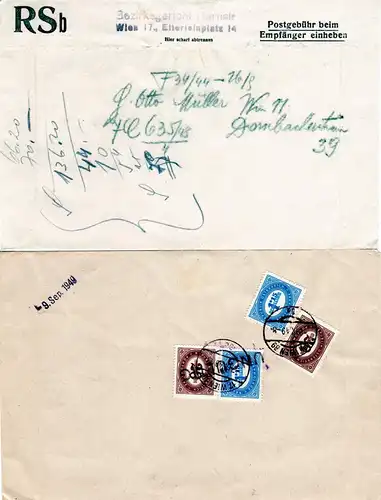 Österreich 1949, je 2x20 Gr. u. 1,15 Sh. rücks. auf Gerichts Brief v. Wien 