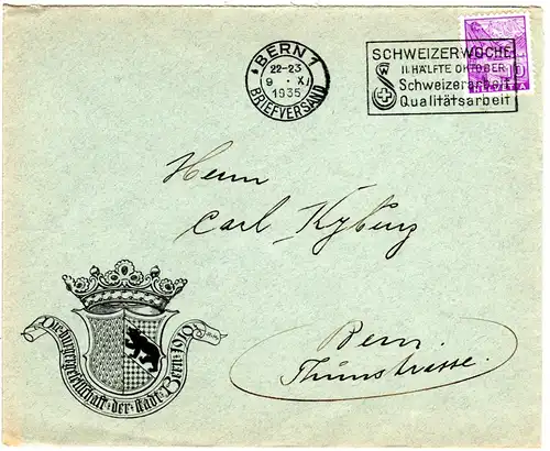 Schweiz 1935, 10 C. auf illustriertem Umschlag der Bürgergesellschaft Bern