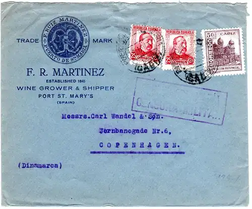 Spanien 1937, 3 Marken auf illustriertem Zensur Brief v. Cadiz n. Dänemark