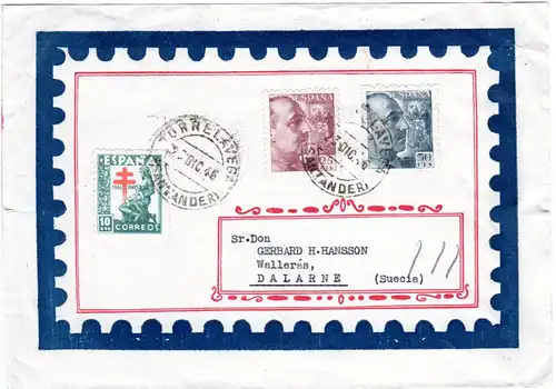 Spanien 1946, 25+50 C. u. 10 C. Spendenmarke auf Brief v. Santander n. Schweden