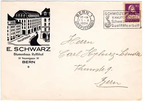 Schweiz 1934, 10 C. auf Blumenhaus Ryfflihof Vordruck Brief v. Bern