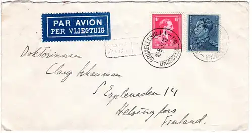 Belgien 1937, 1+1,75 F. auf Luftpost Brief v. Brüssel n. Finnland.