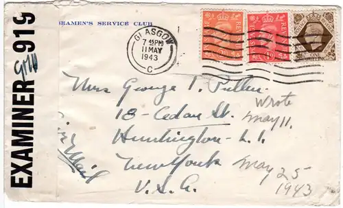 GB 1943, 1+2d+1 Sh.auf Luftpost Zensur Brief v. Glasgow n. USA