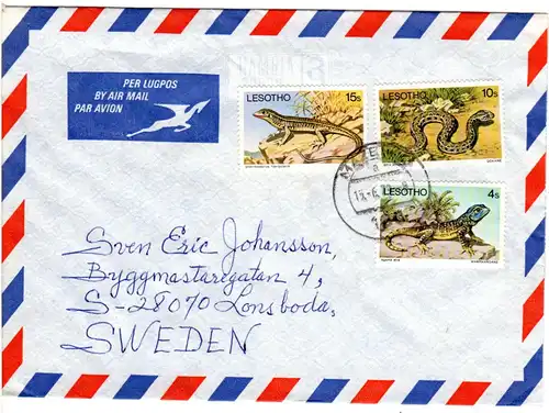 Lesotho 1979, 3 Reptilien Marken auf Luftpost Brief v. Mazenod n. Schweden