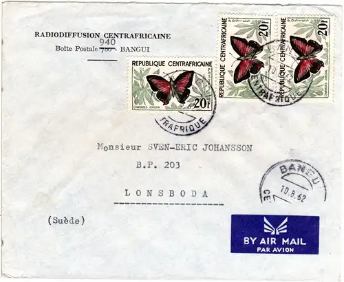Rep. Centrafricaine 1962, MeF 3x20 F. Schmetterlinge auf Luftpost Brief 