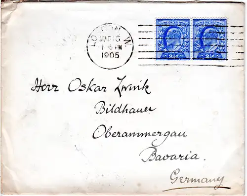 GB 1905, Maschinenstpl. LONDON auf Brief m.Paar 2 1/2 d. n. Bayern