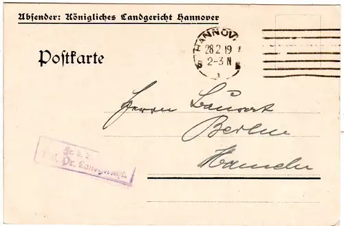 DR 1919, Frei d. Ablösung Kgl. Pr. Landgericht auf Karte v. Hannover n. Hameln