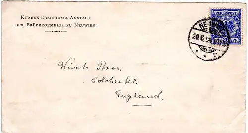 DR 1894, 20 Pf. auf Vordruck Brief d. Erziehungs-Anstalt Neuwied n. GB