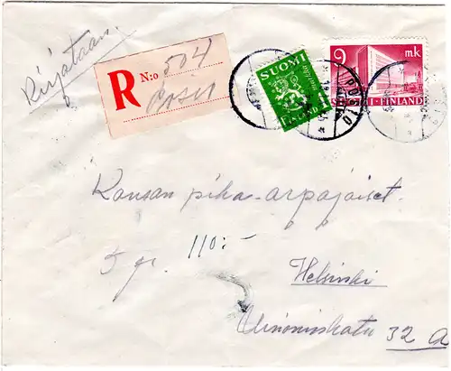 Finnland 1945, POSIO, handschriftlicher Reko Zettel auf Brief m. 9+1 M.