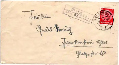 DR 1940, Landpost Stpl. Wischen über Schwiebus auf Brief m. 12 Pf.