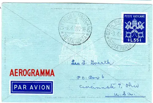 Vatikan, 55 L. Aerogramm Ganzsache m. Diagonalkreuz, 1950 adressiert n. USA