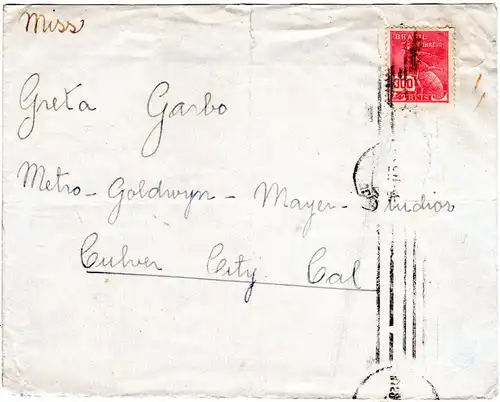 An Schauspielerin Greta Garbo in Culver City adressierter Brief aus Brasilein
