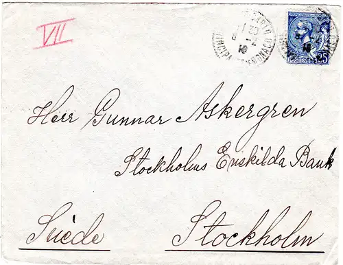 Monaco 1919, 25 C. auf Brief v. Monte Carlo n. Schweden.